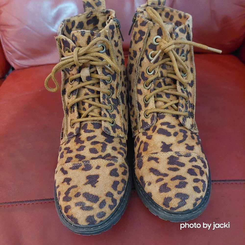 Leather Leopard Print Boots, size 8